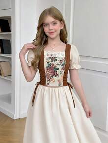 SHEIN Áo kiểu dáng thanh lịch, cổ buộc nơ, tay phồng, màu kaki ôm sát, thích hợp cho bé gái tuổi teen, phong cách retro, đi nghỉ mát, dự lễ hội âm nhạc, boho, hoặc tiệc trà chiều ngày lễ. - Màu Khaki - Xem 3
