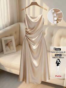 SHEIN PETITE 女士优雅褶皱垂领吊带长裙 - 香檳色 - 查看 1