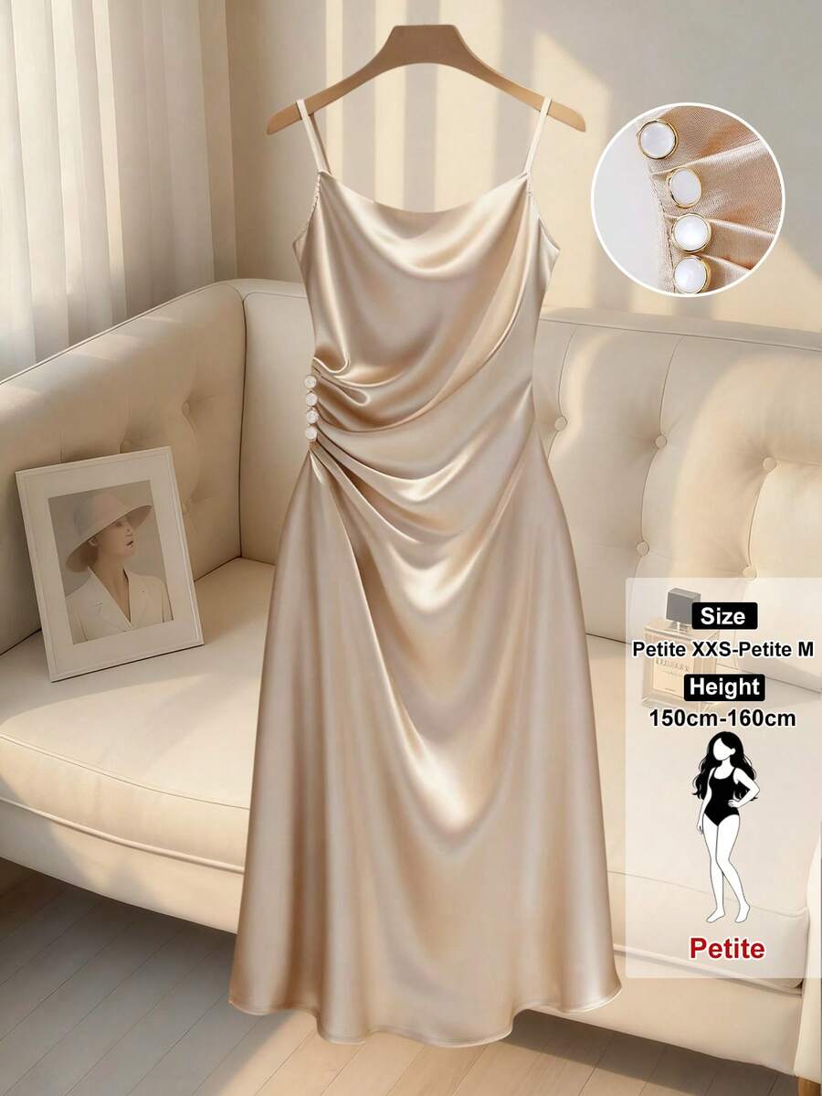 SHEIN PETITE 女士优雅褶皱垂领吊带长裙 - 香檳色 - 查看 1