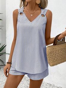 EMERY ROSE Conjunto casual de 2 piezas sin mangas con cuello en V y rayas para mujer - Azul - Ver 3