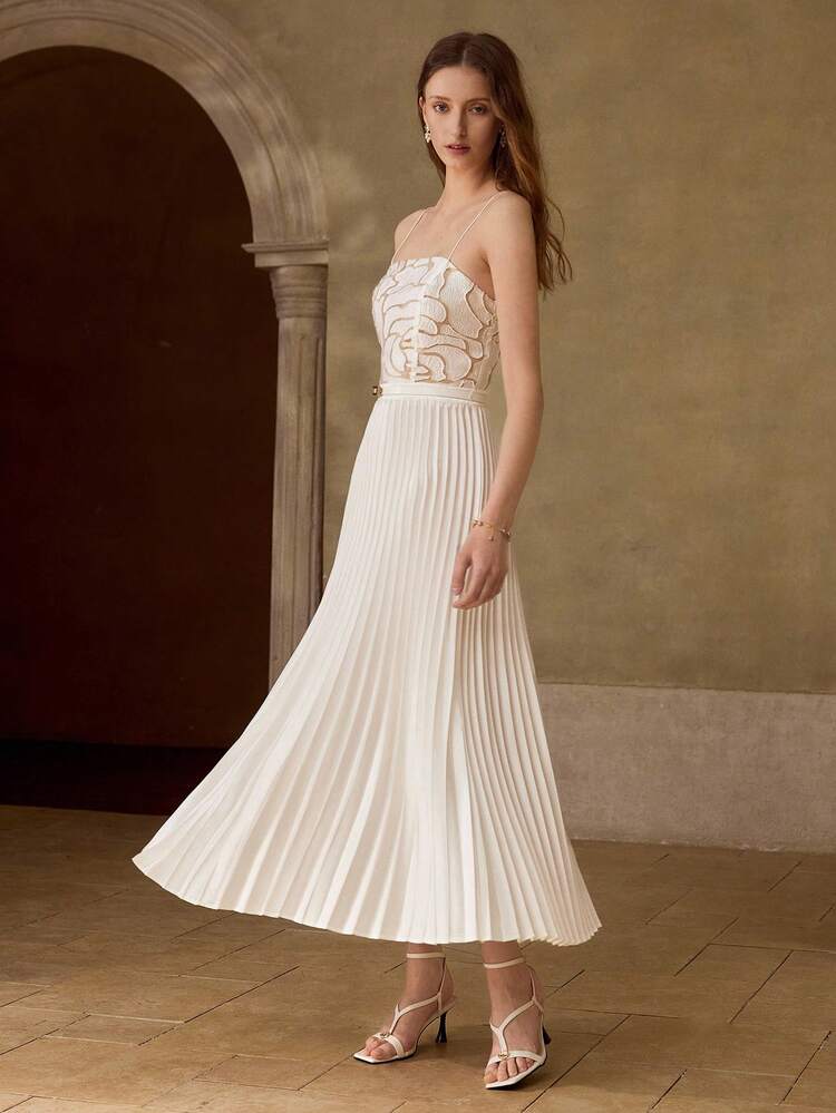 SUMMER WHITE JACQUARD SPAGHETTI STRAP SEXY MIDI DRESS WITH PLEATED WAIST BELT