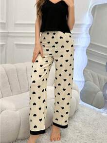 Pajama Bag With Cami Top With V-Neck Heart Print In Color Blocks And Pants - Multicolor - View 4