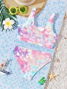 SHEIN Tween Girl Casual Tie-Dye Print Tankini Swimwear Set, Suitable For Summer - Multicolor - View 2