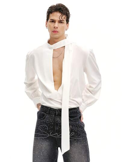 DSELFIQUE Men's Solid Color Hollow Collar Tie Neck Casual Shirt Men's Sheer Shirts Men See Through Shirt Sexy Men Shirt Men's White Shirt Men's Wedding Shirt Daily Leisure, Weekend Trips, Travel Expeditions, Relaxed Work Environments , Boyfriend/Husband Gift, Anniversary /Birthday Gift Party Summer Vacation Holiday Men's Long Sleeve Shirt Men's White Shirts Men V Neck Shirt Men's Elegant Shirt Men's Collared Shirt Men's Full Sleeve Shirt Men Open Chest Shirt Men White Shirt Men's Formal Shirt
