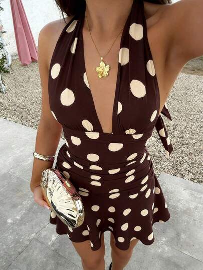 Cévolie Đầm ngắn gợi cảm buộc dây cổ họa tiết hình học dành cho nữ, thích hợp cho hẹn hò và tiệc tùng.