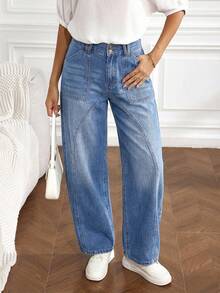 SHEIN Tall Quần jeans nữ thường ngày có túi và nút - Rửa nhẹ - Xem 7