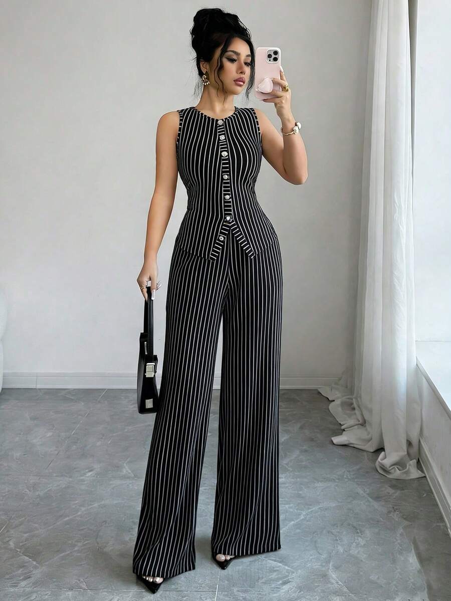 SHEIN Tall 女款休閒條紋鈕扣裝飾無袖修身短版上衣與直筒長褲兩件套,適合高個女性 - 黑色 - 查看 1