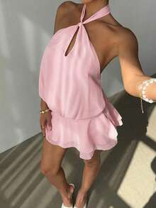 Aloruh New Arrival Women's Solid Color Halter Neck Tie Ruffle Hem Casual Dress, Suitable For Spring/Summer Holiday,Summer Dresses For Women - Baby Pink - View 5