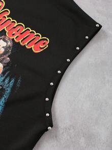 ROMWE MEN Street Life Camiseta de tirantes holgada con estampado de retrato borroso y decoración de remaches para hombre - Negro - Ver 5