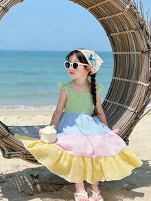 Elladie kids 女童彩色条纹荷叶边拼接连衣裙，适合夏季度假，休闲时尚又优雅 - 彩色 - 查看 4