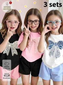 Elladie kids 6件套少女春夏休闲时尚创意个性清新简约可爱闪亮蓝/粉/白蝴蝶结装饰图案印花T恤和短裤套装，舒适日常穿着，温暖夏日风格，适合少女 - 彩色 - 查看 6