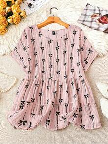 SHEIN LUNE Plus Size Women Bow Print Short Sleeve Round Neck Blouse - Pink - View 1