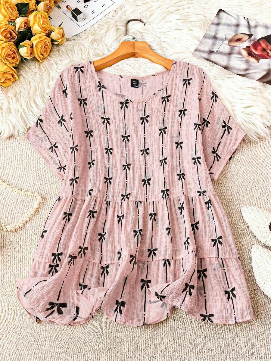 SHEIN LUNE Plus Size Women Bow Print Short Sleeve Round Neck Blouse - Pink - View 1