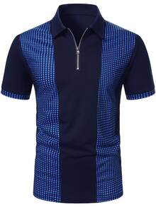 Calvornis 男士几何印花拼接拉链短袖 Polo 衫，休闲通勤装 - 藏蓝色 - 查看 4