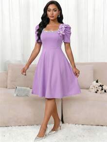 SHEIN Lady 女士优雅连衣裙，饰有3D立体花卉图案和泡泡袖 - 紫色 - 查看 7