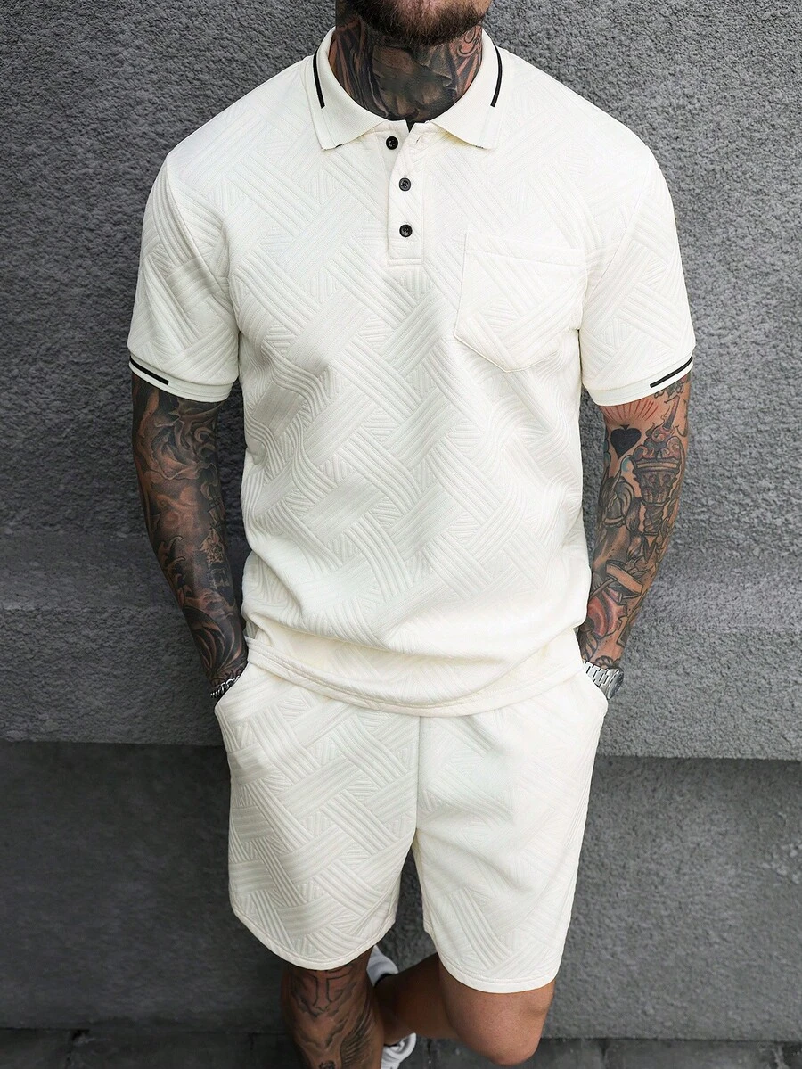 Manfinity CasualCool 男士白色提花 Polo 衫與短褲 2 件套,夏季休閒度假穿搭,華夫格針織短袖 Polo 衫,彈性腰頭短褲,適合正裝場合 - 杏色 - 查看 1