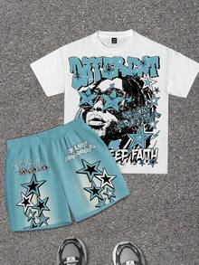 SHEIN 男童休闲标语印花T恤和短裤套装 - 彩色 - 查看 2