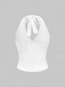 ROMWE Grunge Punk Áo nữ màu trơn cổ yếm buộc dây phía sau, kiểu dáng thường ngày, thích hợp mặc hàng ngày. - trắng - Xem 2