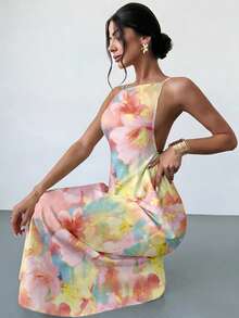 Vestido de verano suelto con estampado floral, tirantes finos y espalda descubierta, para vacaciones y días festivos, color amarillo mantequilla, vestidos de verano para mujer - Multicolor 2 - Ver 8