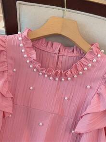 GlowEve CURVE Plus Size Women's Ruffled Collar Pearl Beaded Double-Layer Cap Sleeve Loose Dress, Textured Elegant Sweet Dress For Spring/Summer - Dusty Pink - View 7