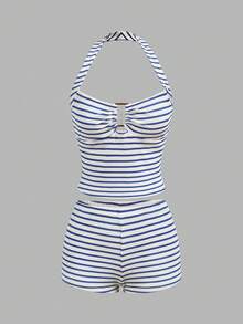 SHEIN PETITE Petite Women's Striped Waffle Knit 2 Pieces Set, Suitable For Spring/Summer Vacation, Beach - Blue and White - View 11