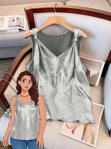 GlowEve CURVE Plus Size Sleeveless Twist Knot Metallic Color Summer Shirt - Silver - View 4