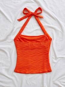 Soleia Women's Vacation Halter White Knit Textured Fitted Camisole - Orange - View 2