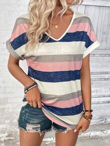 EMERY ROSE Color Block Striped Batwing Sleeve Casual T-Shirt Graphic Tees Women Tops Day Time Navy Blue Summer - Multicolor - View 5