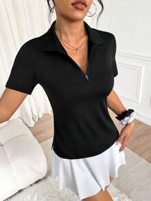 Velisys Áo polo thể thao nữ màu trơn, cài khóa kéo, xẻ tà - màu đen - Xem 4