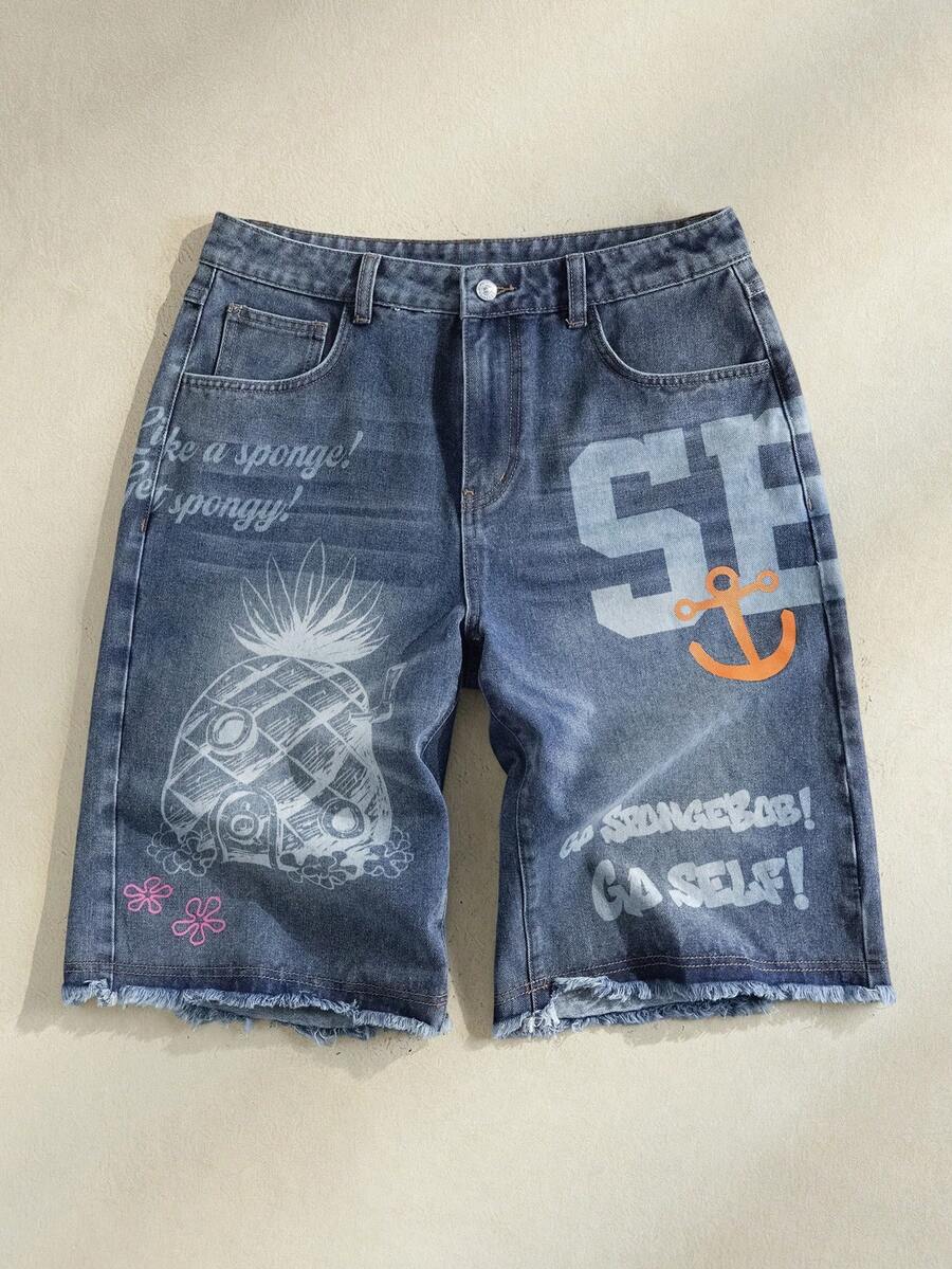 SpongeBob SquarePants | SHEIN Men's Graphic & Letter Print Frayed Edge Slant Pocket Denim Shorts - Blue - View 1
