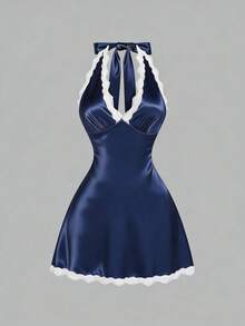 Sweetra Sexy Deep V-Neck Lace Satin Halter Neck Dress, Backless A-Line Mini Dress, Versatile & Slimming For Travel & Vacation - Navy Blue - View 1
