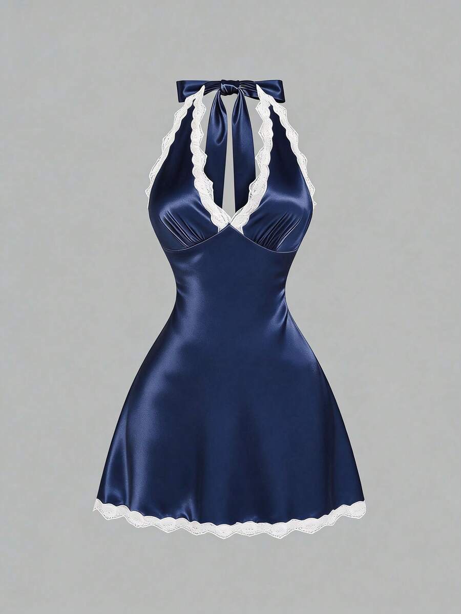 Sweetra Sexy Deep V-Neck Lace Satin Halter Neck Dress, Backless A-Line Mini Dress, Versatile & Slimming For Travel & Vacation - Navy Blue - View 1