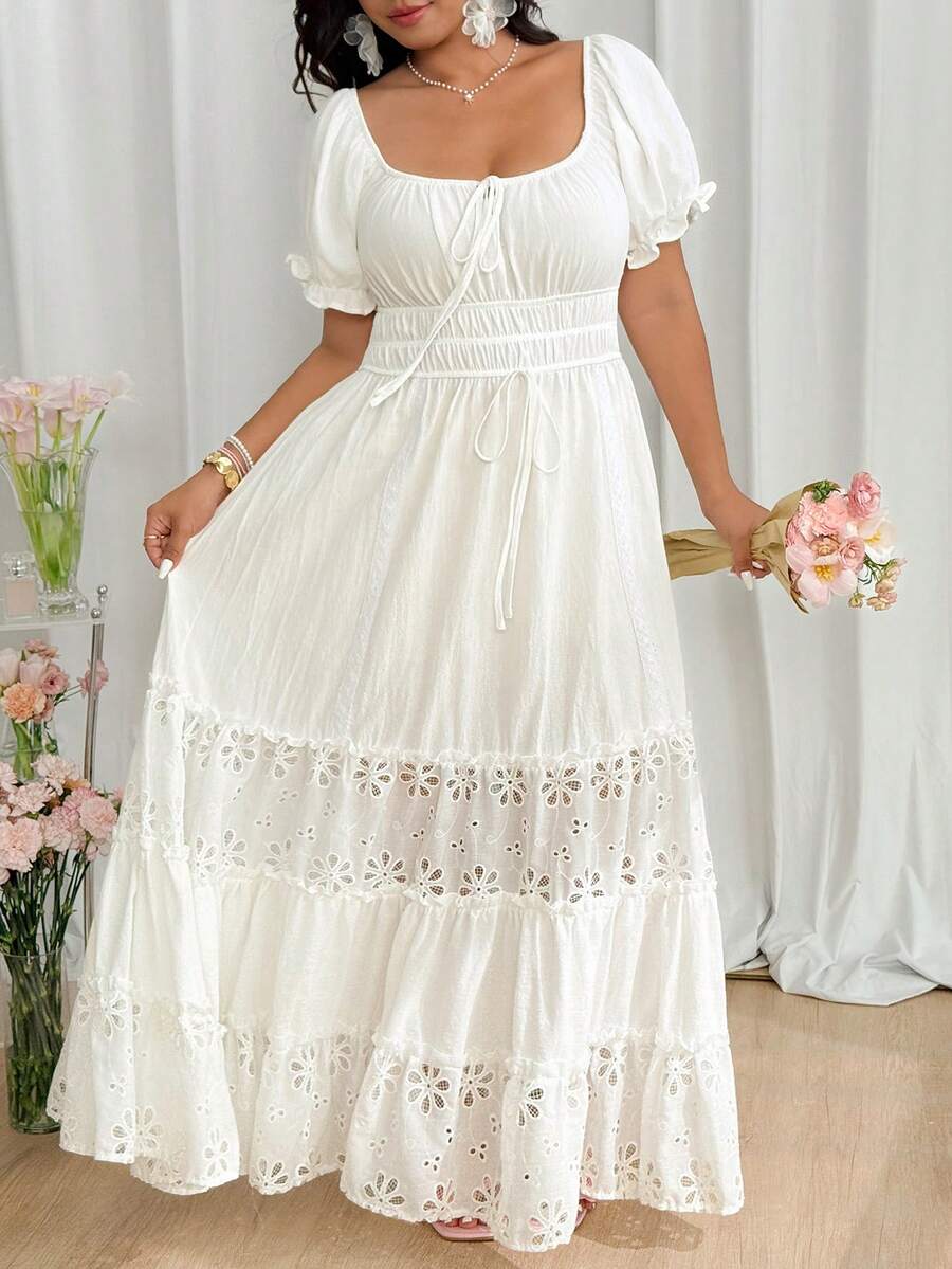 SHEIN EZwear Đầm thanh lịch cổ vuông tay ngắn thắt eo khoét rỗng thêu dành cho nữ cỡ lớn - trắng - Xem 1