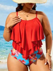 Swim Lushoire Plus Size Women Summer Beach Vacation Ruffle Strap Tankini Swimwear Set - Multicolor - View 4