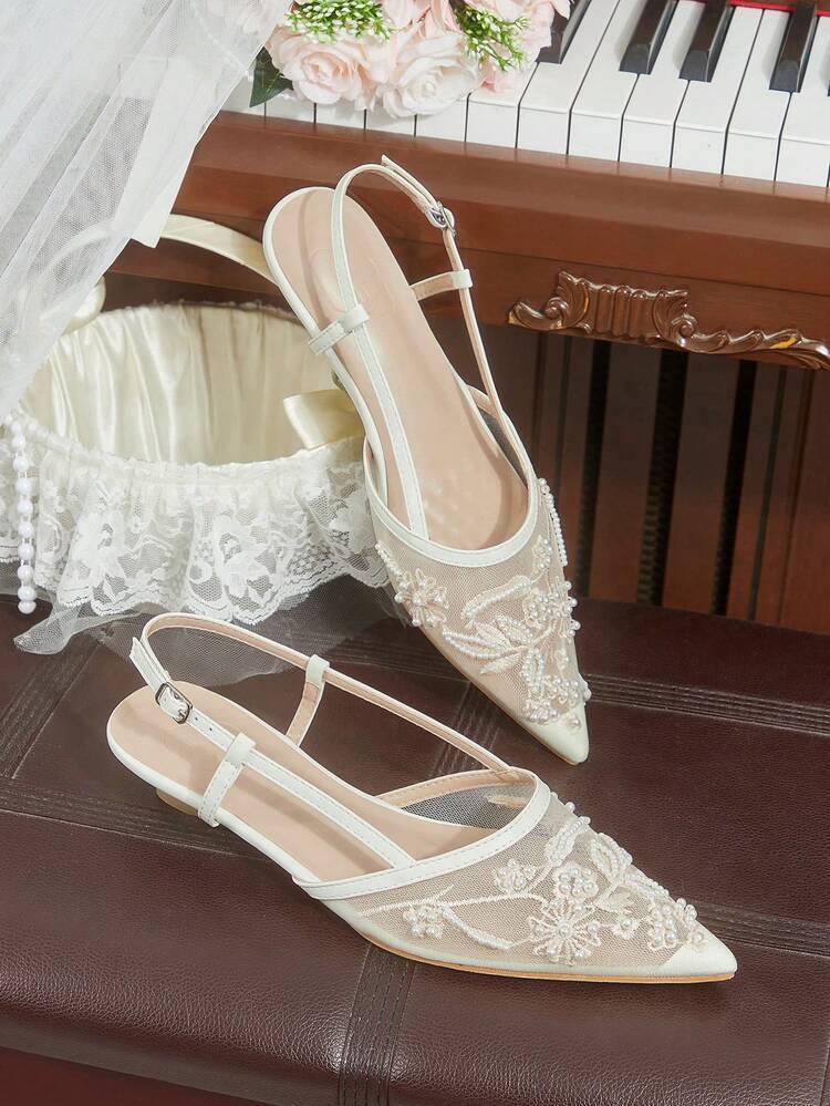 CUCCOO HITCHD Women Shoes Spring And Summer New Women's Flat Shoes Elegant Temperament Mesh Handmade Beads Pointed Low Heel 3cm Retro Style Solid Color Wedding Shoes Banquet Daily Commute Versatile Fashion