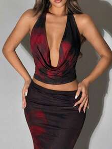 SHEIN ICON Bộ đồ 2 món mùa hè dành cho nữ, thích hợp cho các lễ hội, tiệc bãi biển, đi chơi, gợi cảm, quyến rũ với họa tiết hoa, gồm áo cổ xếp ly hở lưng và chân váy đuôi cá. - màu đen - Xem 4