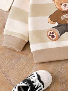 SHEIN Playful Pals 2pcs/Set Baby Boy Casual Fashionable Outfit, Includes Striped Bear Graphic Sweatshirt And Matching Sweatpants, Comfortable And Versatile For Autumn/Spring - Multicolor - View 5