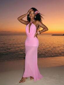 Slaydiva Women's Elegant Soft Pink High-Slit Backless Long Dress,Summer Casual Beach Holiday Vacation Holiday Wedding Guest,Cottagecore Puffed Sleeve Vintage - Pink - View 3
