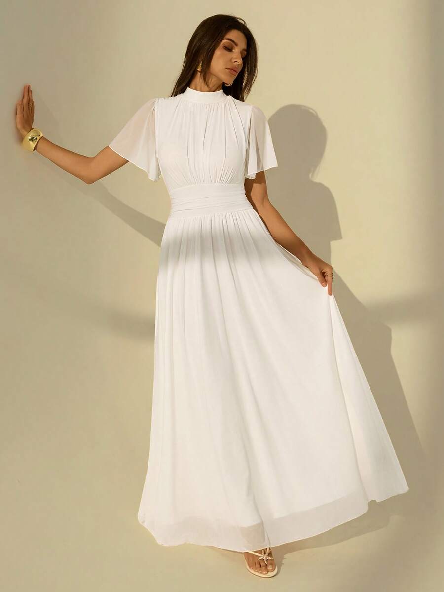 SHEIN Tall 女士优雅浪漫高腰A字荷叶边连衣裙，立领喇叭袖，适合通勤、海滩、度假等场合，白色端庄长款连衣裙，婚礼宾客礼服 - 白色 - 查看 1