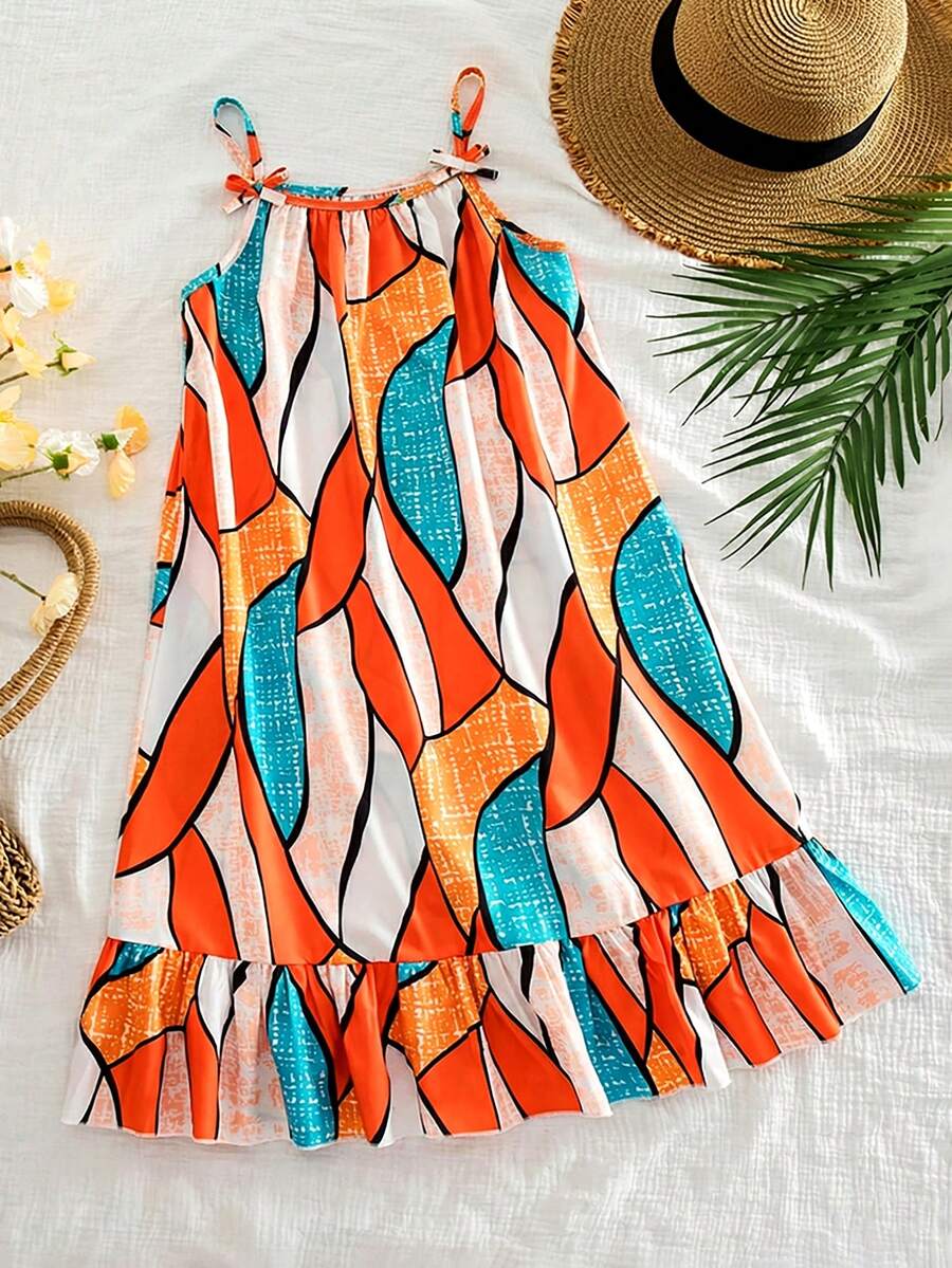 SHEIN Elladie kids 少女彩虹条纹印花吊带荷叶边下摆休闲度假连衣裙 - 橘色 - 查看 1