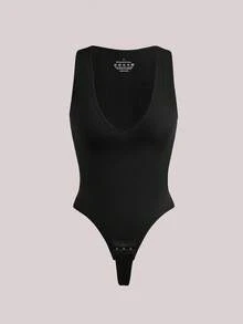 Veilyse Women's Seamless Compression Bodysuit With V-Neck, Wide Strap And Thong, 1pc - Black - View 1