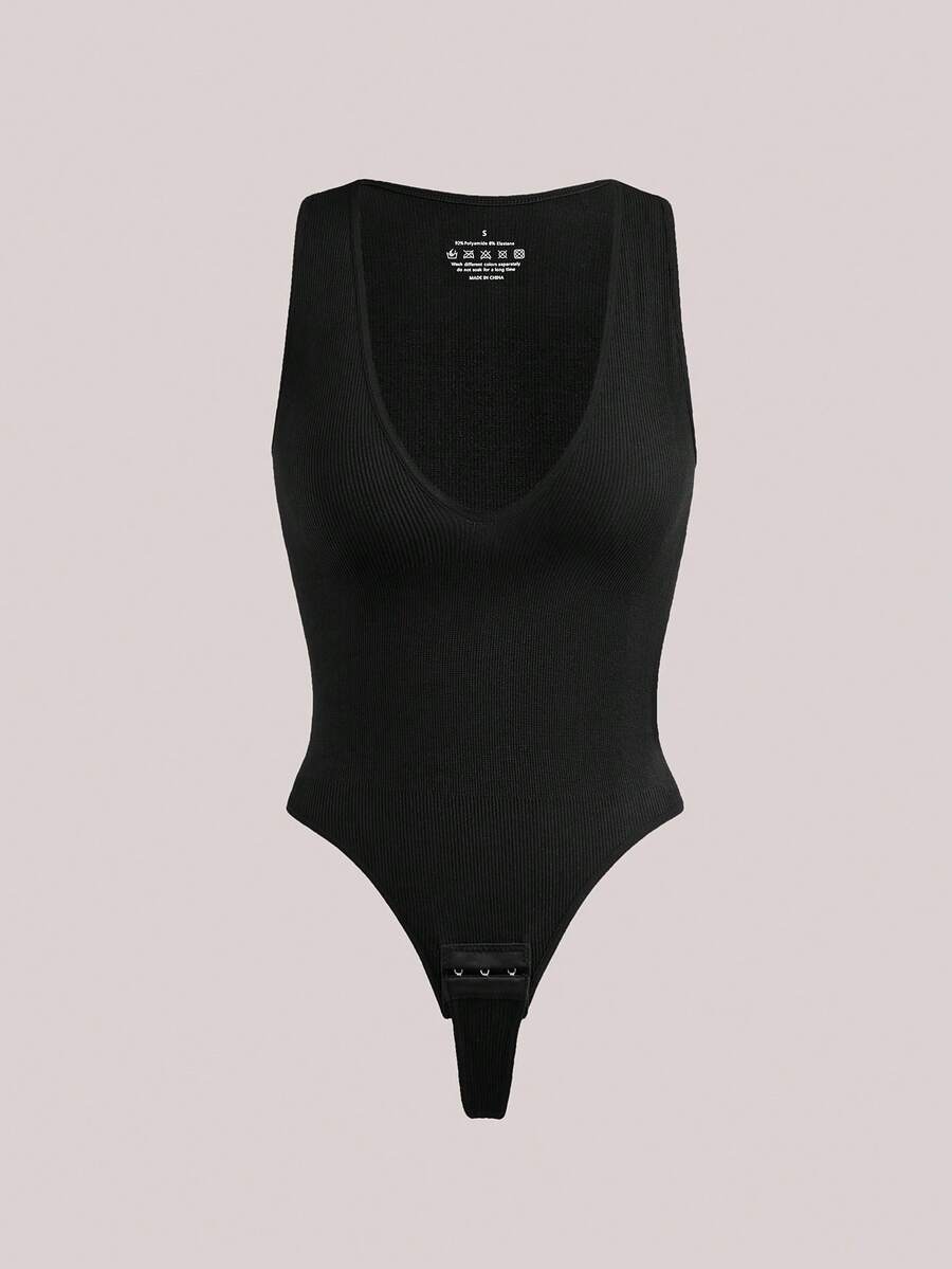 Veilyse Women's Seamless Compression Bodysuit With V-Neck, Wide Strap And Thong, 1pc - Black - View 1