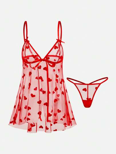 2件套女士性感花卉网纱睡袍套装，前系蝴蝶结装饰内衣套装