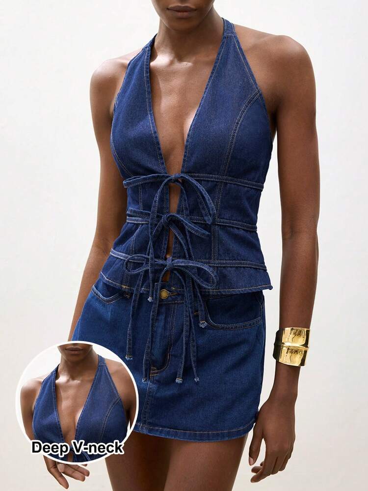 SHEIN Maija Seksowny damski top z odkrytymi plecami i dekoltem halter, skrócony, dżinsowy, idealny na lato