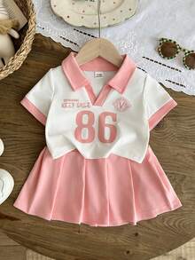 SHEIN Bộ 2 món/cho bé gái sơ sinh 0-3 tuổi, phong cách thường ngày, năng động, kiểu sinh viên, gồm áo thun cổ chữ V tay ngắn và chân váy xếp ly. - Màu Hồng baby - Xem 5