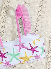 SHEIN Tween Girl White Ruffled Swimwear Set,Cute Starfish Design 3 Pieces Bikini,Holiday Summer Resort Style Bathing Suit For Girls Pool Party Swimwear - Pink - View 5