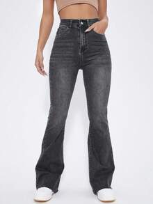 SHEIN EZwear Washed Denim Blue High Waist Flare Leg Jeans - Grey - View 5