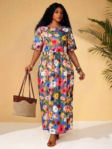 EMERY ROSE Vestido de flores con bolsillo, de manga corta y cuello redondo, para mujer de talla grande, para vacaciones - Neblina azul - Ver 5