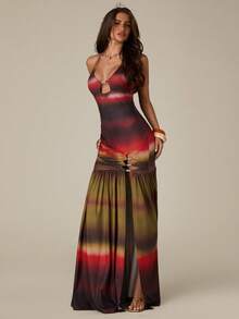 SHEIN BAE 女士休闲度假露背吊带珍珠装饰链条开衩性感印花长裙，沙滩度假连衣裙，蓝绿色连衣裙，度假，沙滩，性感连衣裙，优雅性感连衣裙，珍珠装饰连衣裙，波西米亚风度假 - 彩色 - 查看 4