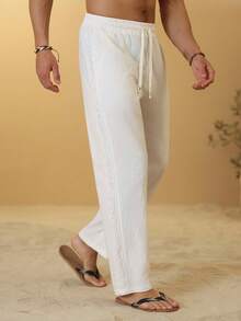 VENTUSAIL Pantalones de hombre de algodón y lino con estampado de patchwork - Blanco - Ver 6